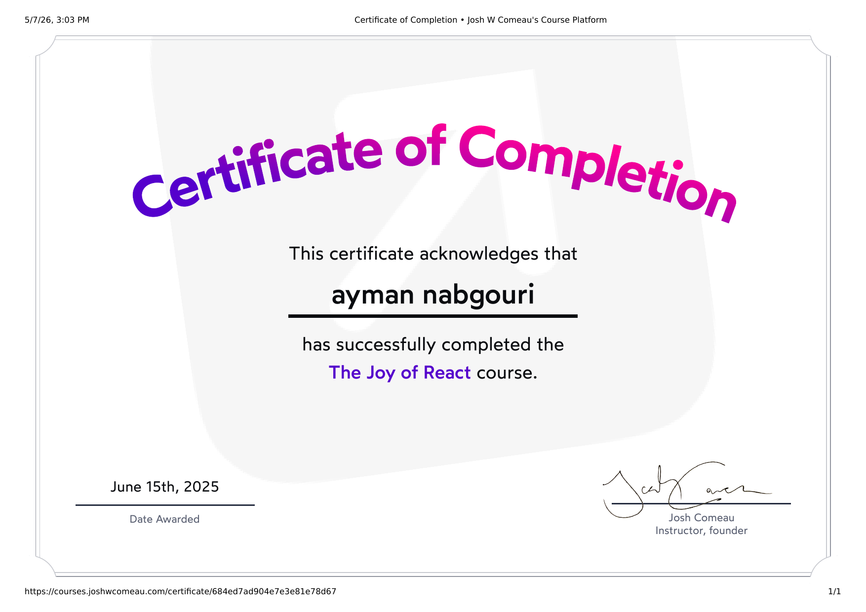 The Joy of React certificate
